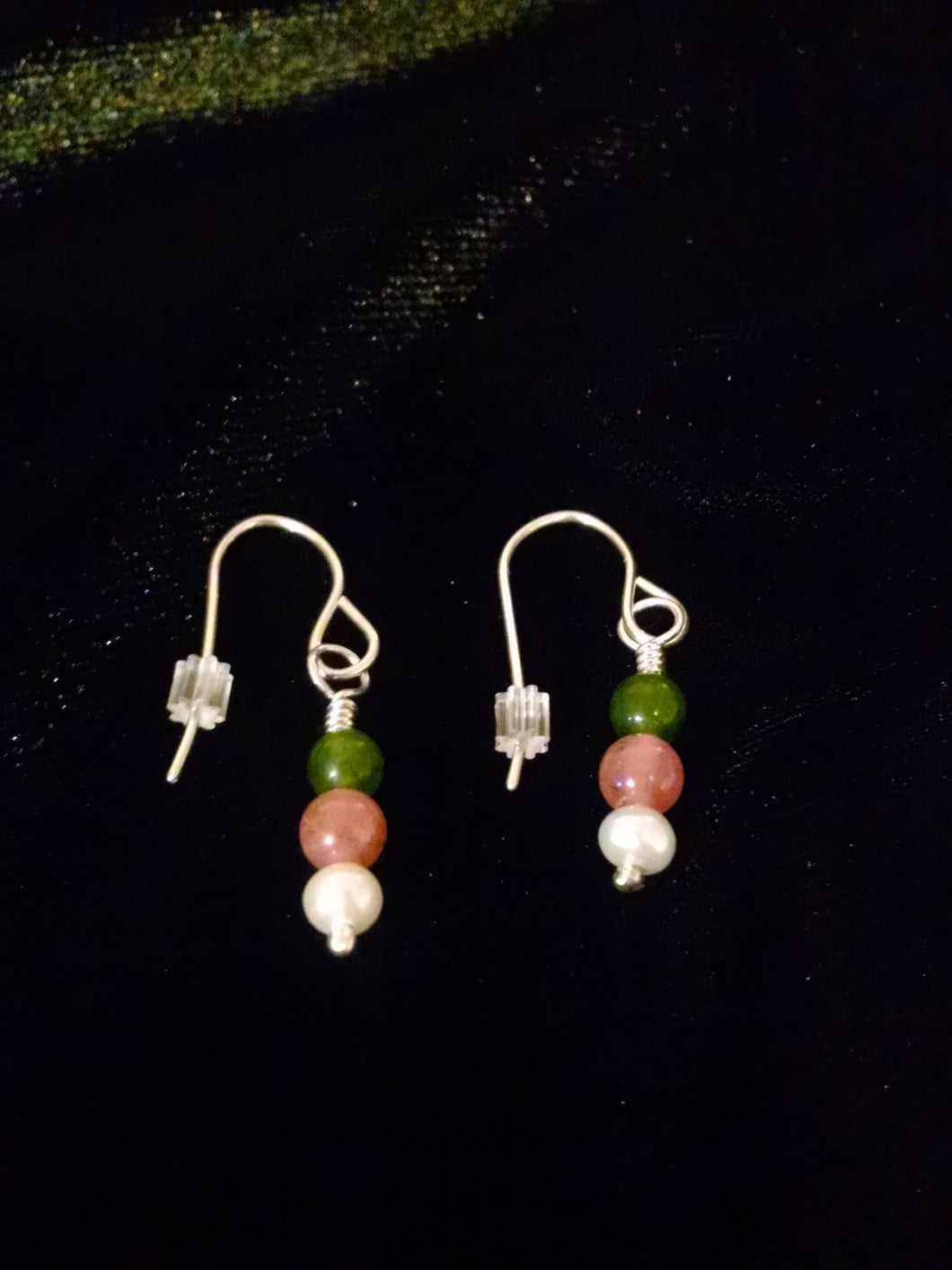 Sterling Silver 3 Bead-Jade/Rhodo/Pearl Earrings