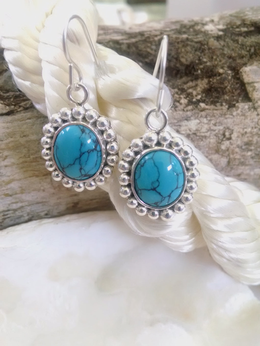 Silver Bead Earrings with 10mm x 12mm Turquoise Stone