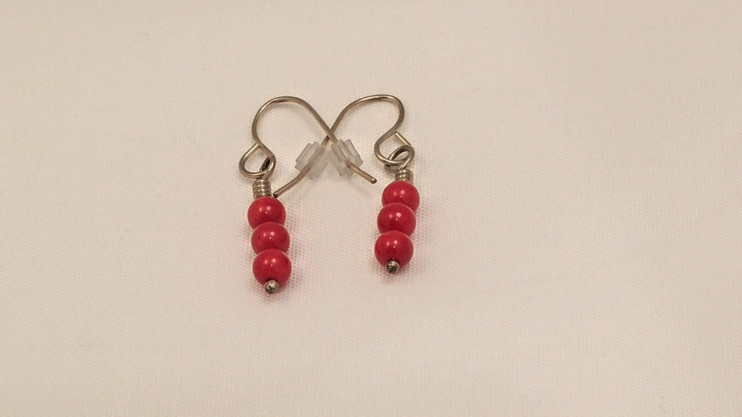 Sterling Silver Earrings with 4 mm Dyed Red Coral Beads